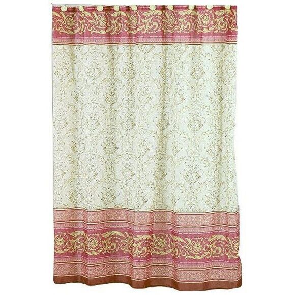 Victorian Shower Curtain Beige Fleur Print Red Pink Contrasting Border NEW - Picture 1 of 4